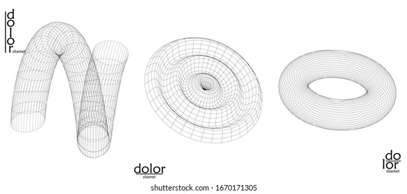 Abstract vector wire frame geometric shape set. Low poly mesh logo design. Futuristic object design element. 3D digital math model for science technology. Line art background.