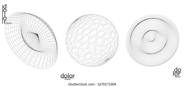 Abstract vector wire frame geometric shape set. Low poly mesh logo design. Futuristic object design element. 3D digital math model for science technology. Line art background.