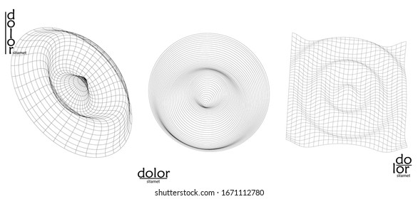 Abstract vector wire frame geometric shape set. Low poly mesh logo design. Futuristic object design element. 3D digital math model for science technology. Line art background.