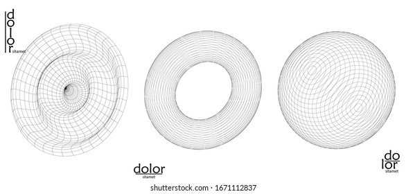 Abstract vector wire frame geometric shape set. Low poly mesh logo design. Futuristic object design element. 3D digital math model for science technology. Line art background.