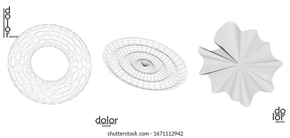 Abstract vector wire frame geometric shape set. Low poly mesh logo design. Futuristic object design element. 3D digital math model for science technology. Line art background.