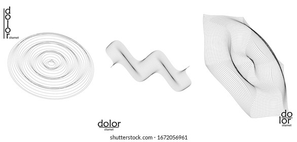 Abstract vector wire frame geometric shape set. Low poly mesh logo design. Futuristic object design element. 3D digital math model for science technology. Line art background.