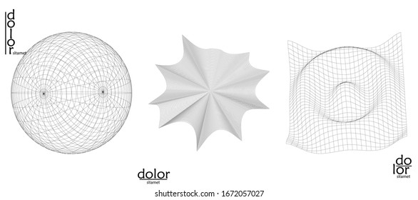 Abstract vector wire frame geometric shape set. Low poly mesh logo design. Futuristic object design element. 3D digital math model for science technology. Line art background.