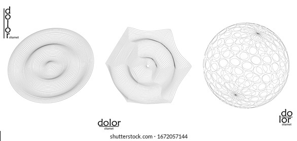 Abstract vector wire frame geometric shape set. Low poly mesh logo design. Futuristic object design element. 3D digital math model for science technology. Line art background.