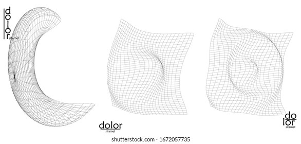 Abstract vector wire frame geometric shape set. Low poly mesh logo design. Futuristic object design element. 3D digital math model for science technology. Line art background.
