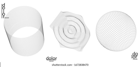 Abstract vector wire frame geometric shape set. Low poly mesh logo design. Futuristic object design element. 3D digital math model for science technology. Line art background.