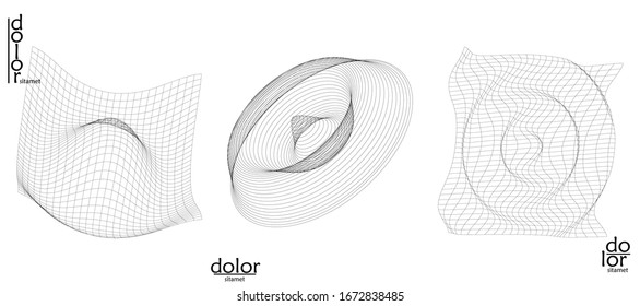 Abstract vector wire frame geometric shape set. Low poly mesh logo design. Futuristic object design element. 3D digital math model for science technology. Line art background.