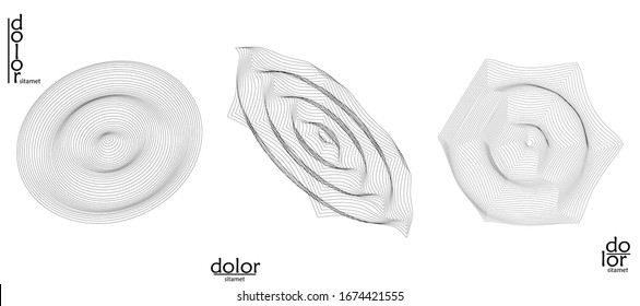 Abstract vector wire frame geometric shape set. Low poly mesh logo design. Futuristic object design element. 3D digital math model for science technology. Line art background.