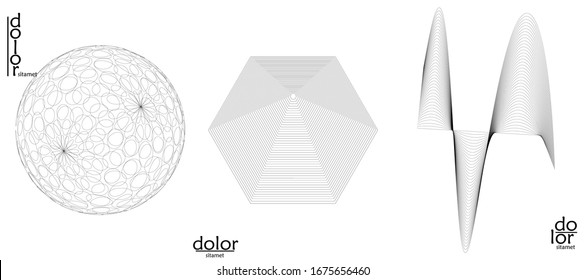Abstract vector wire frame geometric shape set. Low poly mesh logo design. Futuristic object design element. 3D digital math model for science technology. Line art background.