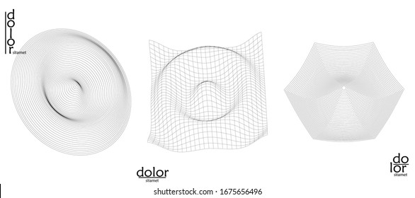 Abstract vector wire frame geometric shape set. Low poly mesh logo design. Futuristic object design element. 3D digital math model for science technology. Line art background.
