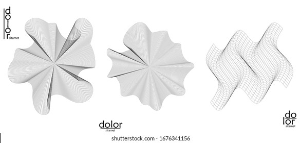 Abstract vector wire frame geometric shape set. Low poly mesh logo design. Futuristic object design element. 3D digital math model for science technology. Line art background.
