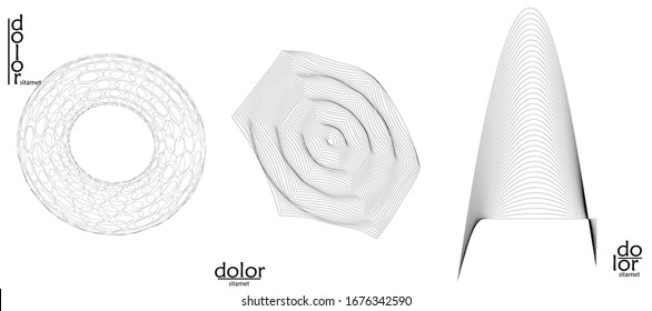 Abstract vector wire frame geometric shape set. Low poly mesh logo design. Futuristic object design element. 3D digital math model for science technology. Line art background.