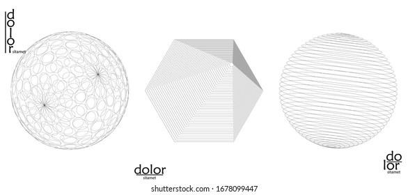 Abstract vector wire frame geometric shape set. Low poly mesh logo design. Futuristic object design element. 3D digital math model for science technology. Line art background.