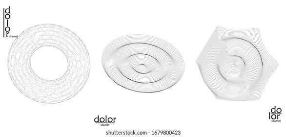 Abstract vector wire frame geometric shape set. Low poly mesh logo design. Futuristic object design element. 3D digital math model for science technology. Line art background.