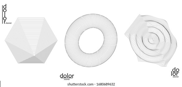 Abstract vector wire frame geometric shape set. Low poly mesh logo design. Futuristic object design element. 3D digital math model for science technology. Line art background.
