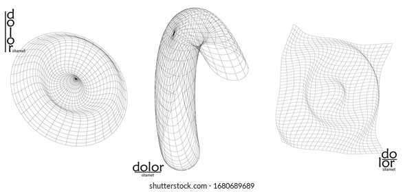 Abstract vector wire frame geometric shape set. Low poly mesh logo design. Futuristic object design element. 3D digital math model for science technology. Line art background.