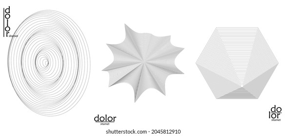 Abstract vector wire frame geometric shape set. Low poly mesh logo design. Futuristic object design element. 3D digital math model for science technology. Line art background.