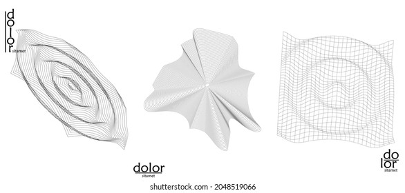 Abstract vector wire frame geometric shape set. Low poly mesh logo design. Futuristic object design element. 3D digital math model for science technology. Line art background.