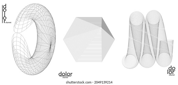 Abstract vector wire frame geometric shape set. Low poly mesh logo design. Futuristic object design element. 3D digital math model for science technology. Line art background.