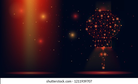 Abstract vector wireframe Chinese lantern . 3d modern illustration on dark red background. Low polygonal mesh art looks like constellation night sky with dots and stars. bright light from particles.
