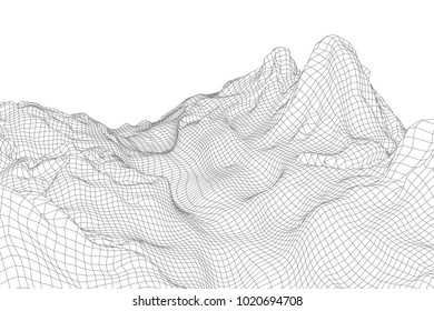 Abstract vector wireframe landscape background. 3D futuristic mesh mountains. 80s Retro illustration. Cyberspace technology valleys.