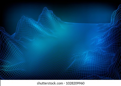 Abstract vector wireframe landscape background. 3D futuristic mesh mountains. 80s Retro illustration. Cyberspace technology valleys.