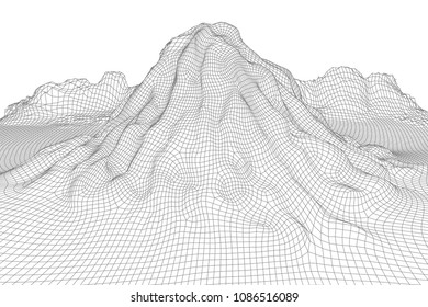 Abstract vector wireframe landscape background. 3D futuristic mesh mountains. 80s Retro illustration. Cyberspace technology valleys.