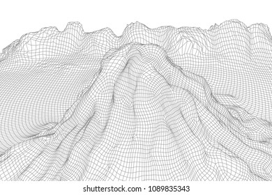 Abstract vector wireframe landscape background. Futuristic mesh mountains. 80s Retro illustration. Cyberspace technology valleys.