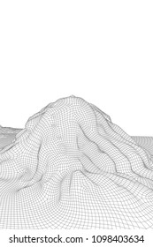 Abstract vector wireframe landscape background. 3D futuristic mesh mountains. 80s Retro illustration. Cyberspace technology valleys.