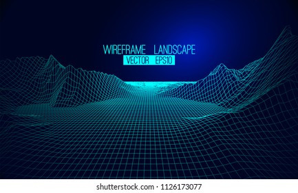 Abstract vector wireframe landscape background. Cyberspace grid. 3d futuristic vector illustration