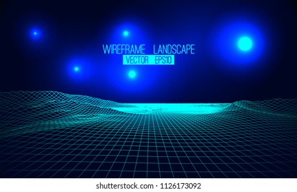 Abstract vector wireframe landscape background. Cyberspace grid. 3d futuristic vector illustration