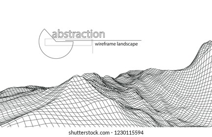 Abstract vector wireframe landscape background. 3D visualization of mountainous reliefs.