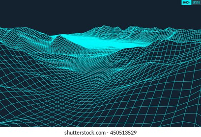 Abstract vector wireframe landscape background. Cyberspace grid. 3d technology wireframe vector illustration. Digital landscape for presentations .