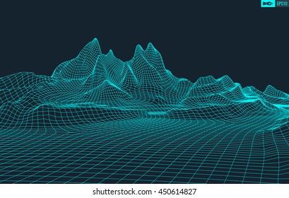 Abstract vector wireframe landscape background. Cyberspace grid. 3d technology wireframe vector illustration. Digital wireframe landscape for presentations .