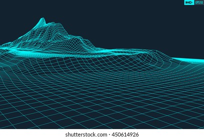 Abstract vector wireframe landscape background. Cyberspace grid. 3d technology wireframe vector illustration. Digital wireframe landscape for presentations .