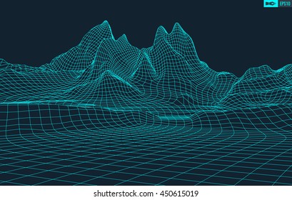 Abstract vector wireframe landscape background. Cyberspace grid. 3d technology wireframe vector illustration. Digital wireframe landscape for presentations .