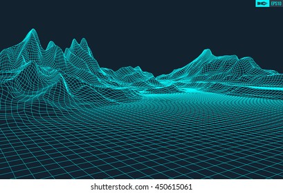 Abstract vector wireframe landscape background. Cyberspace grid. 3d technology wireframe vector illustration. Digital wireframe landscape for presentations .