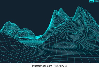 Abstract vector wireframe landscape background. Cyberspace grid. 3d technology wireframe vector illustration. Digital landscape for presentations .