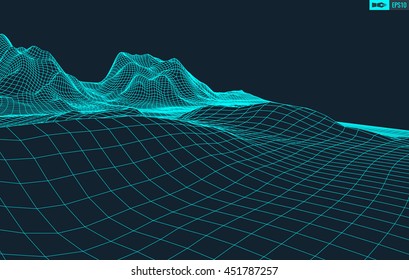 Abstract vector wireframe landscape background. Cyberspace grid. 3d technology wireframe vector illustration. Digital landscape for presentations .