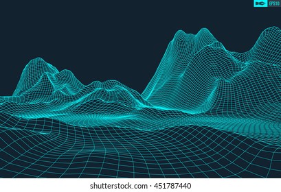 Abstract vector wireframe landscape background. Cyberspace grid. 3d technology wireframe vector illustration. Digital landscape for presentations .