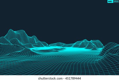 Abstract vector wireframe landscape background. Cyberspace grid. 3d technology wireframe vector illustration. Digital landscape for presentations .