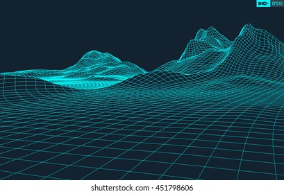 Abstract vector wireframe landscape background. Cyberspace grid. 3d technology wireframe vector illustration. Digital wireframe landscape for presentations .
