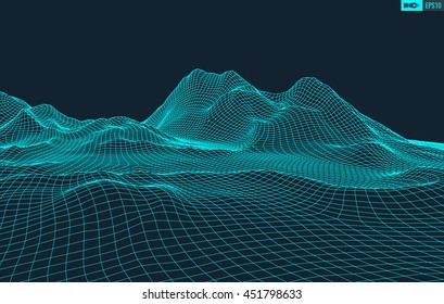 Abstract vector wireframe landscape background. Cyberspace grid. 3d technology wireframe vector illustration. Digital wireframe landscape for presentations .