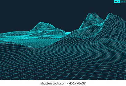 Abstract vector wireframe landscape background. Cyberspace grid. 3d technology wireframe vector illustration. Digital wireframe landscape for presentations .