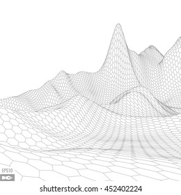 Abstract vector wireframe landscape background. Cyberspace landscape grid for card design. 3d technology wireframe vector illustration. Digital wireframe landscape for presentations .