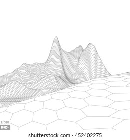 Abstract vector wireframe landscape background. Cyberspace landscape grid for card design. 3d technology wireframe vector illustration. Digital wireframe landscape for presentations .