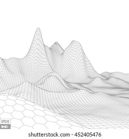 Abstract vector wireframe landscape background. Cyberspace grid. 3d technology wireframe vector illustration. Digital wireframe landscape for presentations .