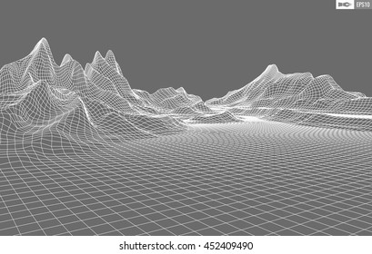 Abstract vector wireframe landscape background. Cyberspace grid. 3d technology wireframe vector illustration. Digital wireframe landscape for presentations .