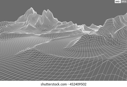 Abstract vector wireframe landscape background. Cyberspace grid. 3d technology wireframe vector illustration. Digital wireframe landscape for presentations .