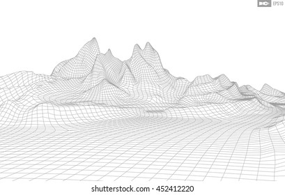 Abstract vector wireframe landscape background. Cyberspace grid. 3d technology wireframe vector illustration. Digital wireframe landscape for presentations .